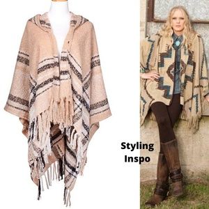Tan Plaid Hooded Poncho Wrap